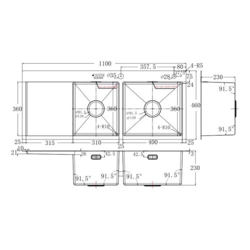 Chậu rửa bát inox 2 hố Faster FS 11046HLS 7 Kích thước chậu rửa bát inox 2 hố Faster FS 11046HLS