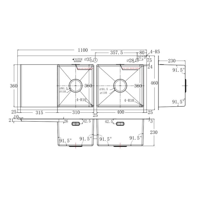 Chậu rửa bát inox 2 hố Faster FS 11046HLS 5 Kích thước chậu rửa bát inox 2 hố Faster FS 11046HLS