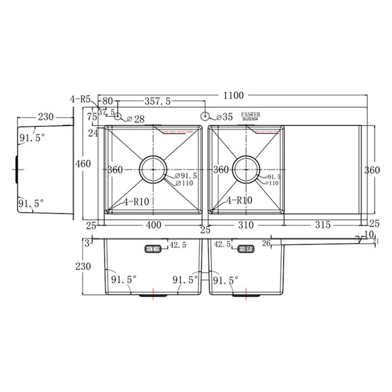 Chậu rửa bát inox 2 hố Faster FS 11046HMS 5 Kích thước chậu rửa bát inox 2 hố Faster FS 11046HMS