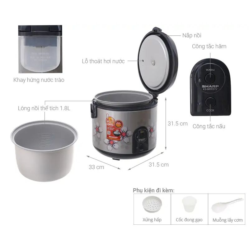 Nồi cơm điện Sharp KS-NR191STV "SS" 1.8 lít 5 Nồi cơm điện Sharp KS-NR191STV "SS" 1.8 lít - Ảnh 3