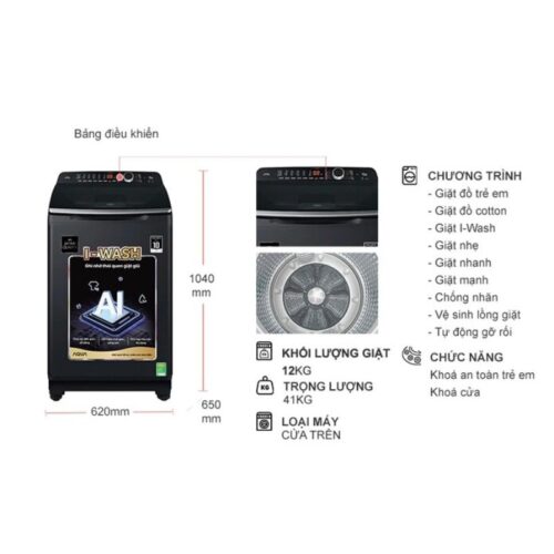 Máy Giặt Aqua 12 Kg AQW-FR120HT.BK cửa trên 9 Kích thước máy Giặt Aqua 12 Kg AQW-FR120HT.BK cửa trên