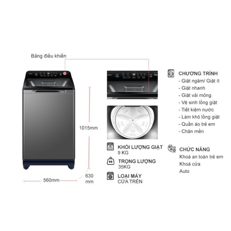 Máy Giặt Aqua 9 Kg AQW-FR90GT.S cửa trên 5 Kích thước máy giặt Aqua 9 Kg AQW-FR90GT.S cửa trên