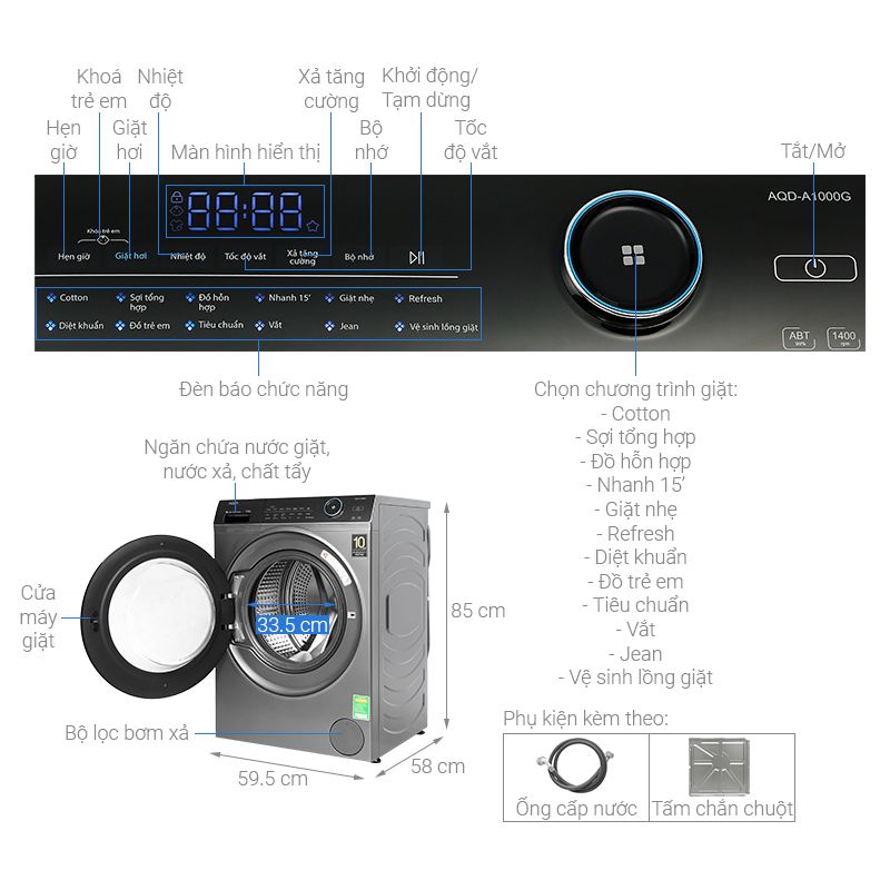 Máy Giặt Aqua Inverter 10 Kg AQD-A1000G.S cửa trước 6 Kích thước máy Giặt Aqua Inverter 10 Kg AQD-A1000G.S cửa trước