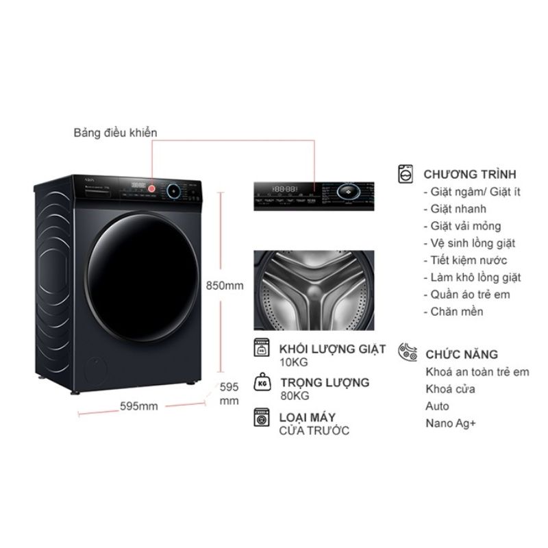 Máy Giặt Aqua Inverter 10 Kg AQD-D1003G.BK cửa trước 5 Kích thước máy Giặt Aqua Inverter 10 Kg AQD-D1003G.BK cửa trước