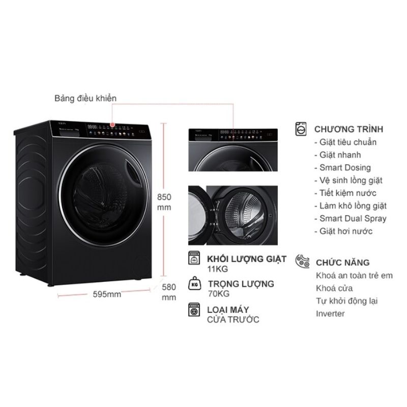 Máy Giặt Aqua Inverter 11 Kg AQD-DDW1100J.BK cửa trước 6 Kích thước máy Giặt Aqua Inverter 11 Kg AQD-DDW1100J.BK cửa trước