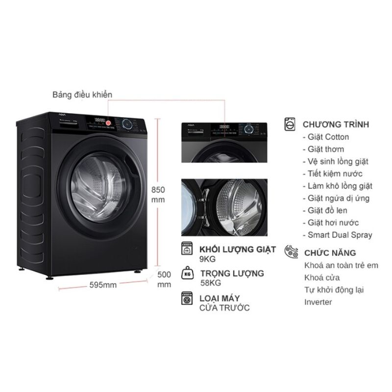 Máy Giặt Aqua Inverter 9 Kg AQD-A902J.BK cửa trước 5 Kích thước máy Giặt Aqua Inverter 9 Kg AQD-A902J.BK cửa trước