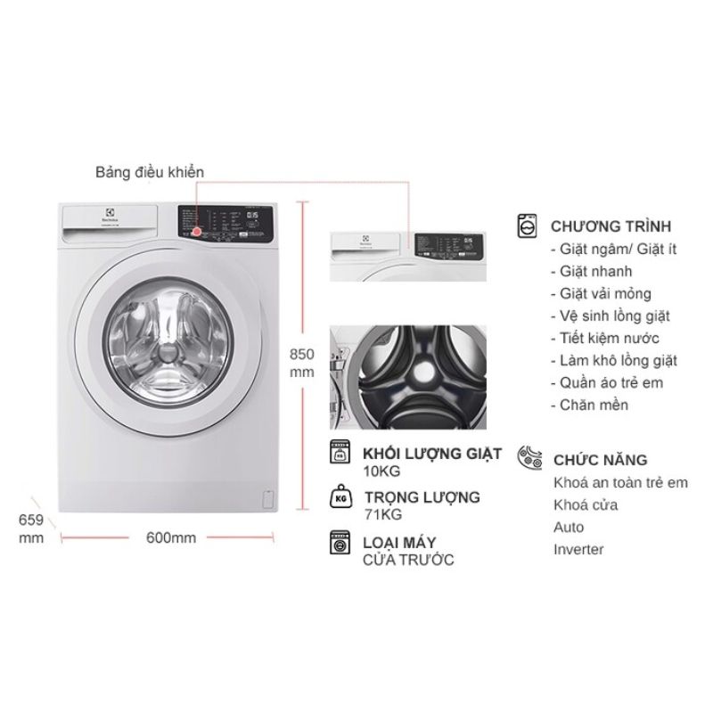 Máy Giặt Electrolux Inverter 10 Kg EWF1025DQWB cửa trước 5 Kích thước máy Giặt Electrolux Inverter 10 Kg EWF1025DQWB cửa trước