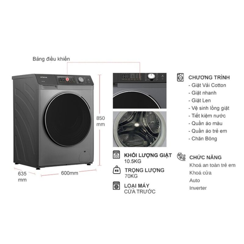 Máy Giặt Hitachi Inverter 10.5 Kg BD-1054HVOS cửa trước 5 Kích thước máy Giặt Hitachi Inverter 10.5 Kg BD-1054HVOS cửa trước