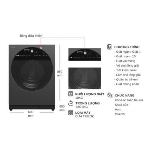Máy Giặt Hitachi Inverter 10 Kg BD-100XGV MAG cửa trước 7 Kích thước máy Giặt Hitachi Inverter 10 Kg BD-100XGV MAG cửa trước