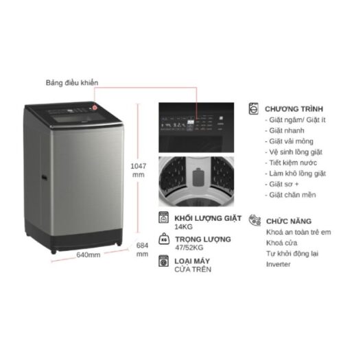 Kích thước máy Giặt Hitachi Inverter 14 Kg SF-140TCV SL cửa trên