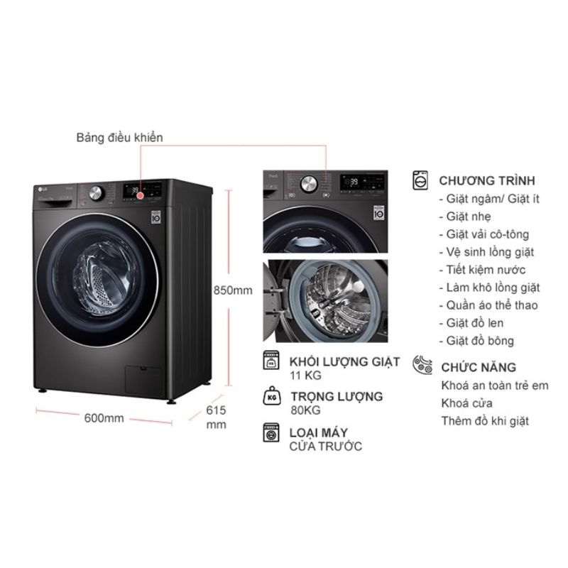 Máy Giặt LG Inverter 11 Kg FV1411S3B cửa trước 6 Kích thước máy Giặt LG Inverter 11 Kg FV1411S3B cửa trước