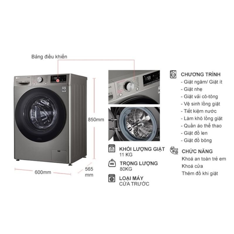 Máy Giặt LG Inverter 11 Kg FV1411S4P cửa trước 6 Kích thước máy Giặt LG Inverter 11 Kg FV1411S4P cửa trước