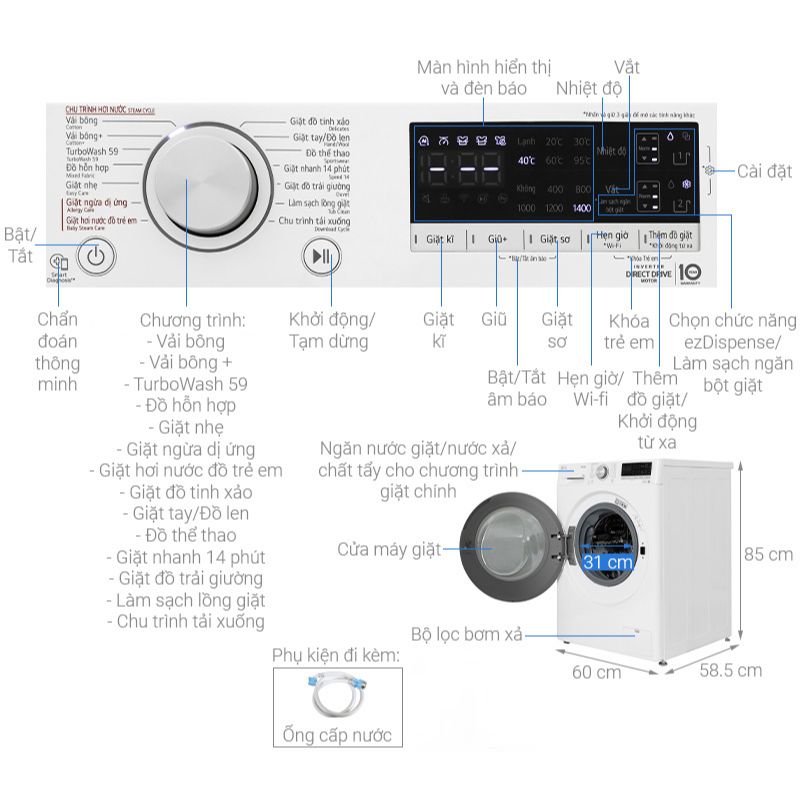 Máy Giặt LG Inverter 11 Kg FV1411S4WA cửa trước 6 Kích thước máy Giặt LG Inverter 11 Kg FV1411S4WA cửa trước