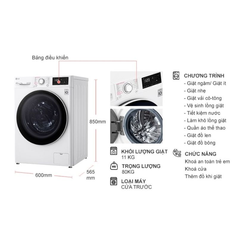 Máy Giặt LG Inverter 11 Kg FV1411S5W cửa trước 6 Kích thước máy Giặt LG Inverter 11 Kg FV1411S5W cửa trước