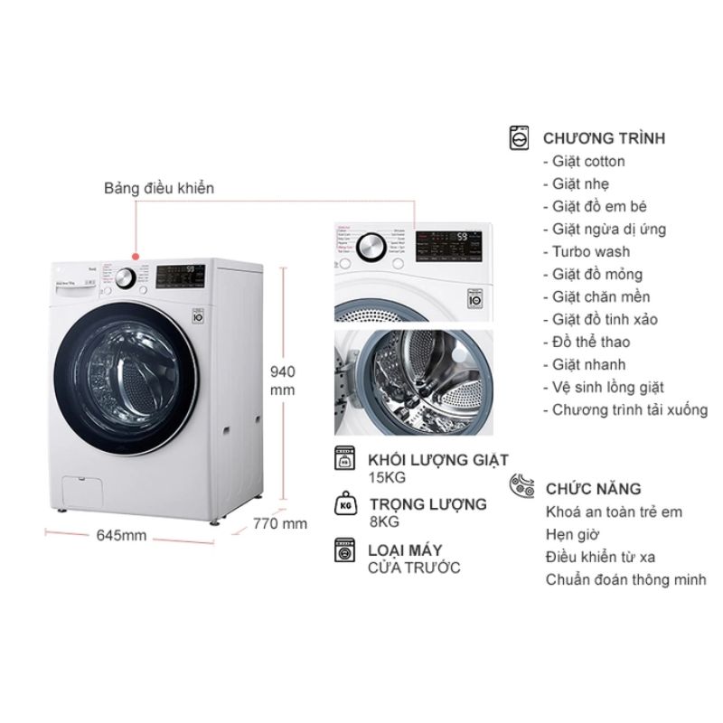 Máy Giặt LG Inverter 15 Kg F2515STGW cửa trước 6 Kích thước máy Giặt LG Inverter 15 Kg F2515STGW cửa trước