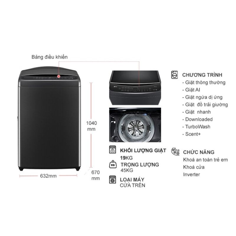Máy Giặt LG Inverter 19 Kg TV2519SV7J cửa trên 6 Kích thước máy Giặt LG Inverter 19 Kg TV2519SV7J cửa trên