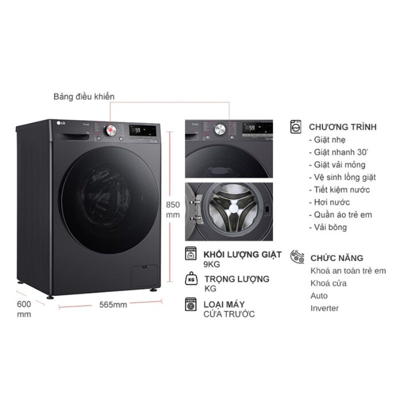 Máy Giặt LG Inverter 9 Kg FV1409S4M cửa trước 6 Kích thước máy Giặt LG Inverter 9 Kg FV1409S4M cửa trước