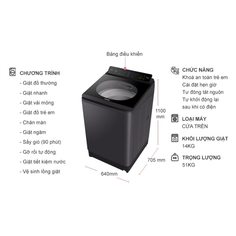 Máy Giặt Panasonic Inverter 14 Kg NA-FD14V1BRV cửa trên 6 Kích thước máy Giặt Panasonic Inverter 14 Kg NA-FD14V1BRV cửa trên
