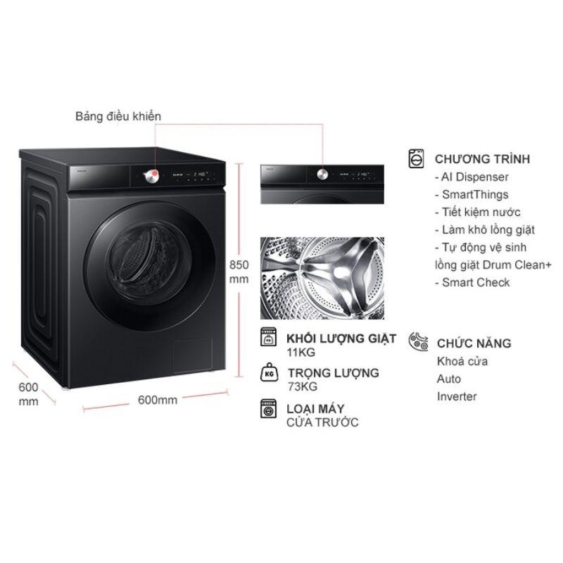 Máy Giặt Samsung Inverter 11 Kg WW11CB944DGBSV cửa trước 7 Kích thước máy Giặt Samsung Inverter 11 Kg WW11CB944DGBSV cửa trước