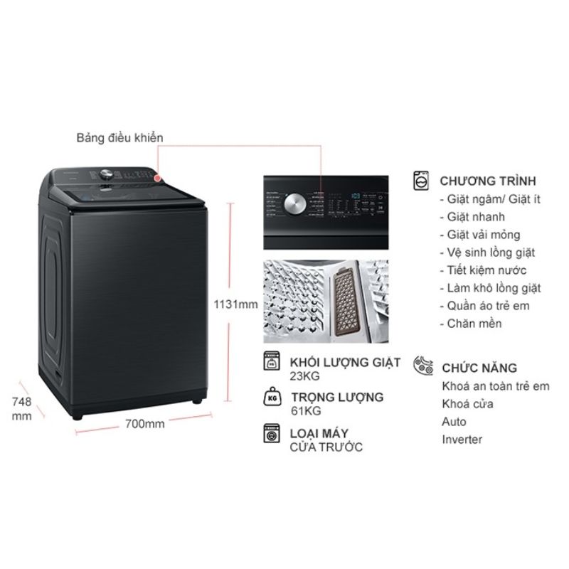 Máy Giặt Samsung Inverter 23 Kg WA23A8377GV cửa trên 6 Kích thước máy Giặt Samsung Inverter 23 Kg WA23A8377GV cửa trên