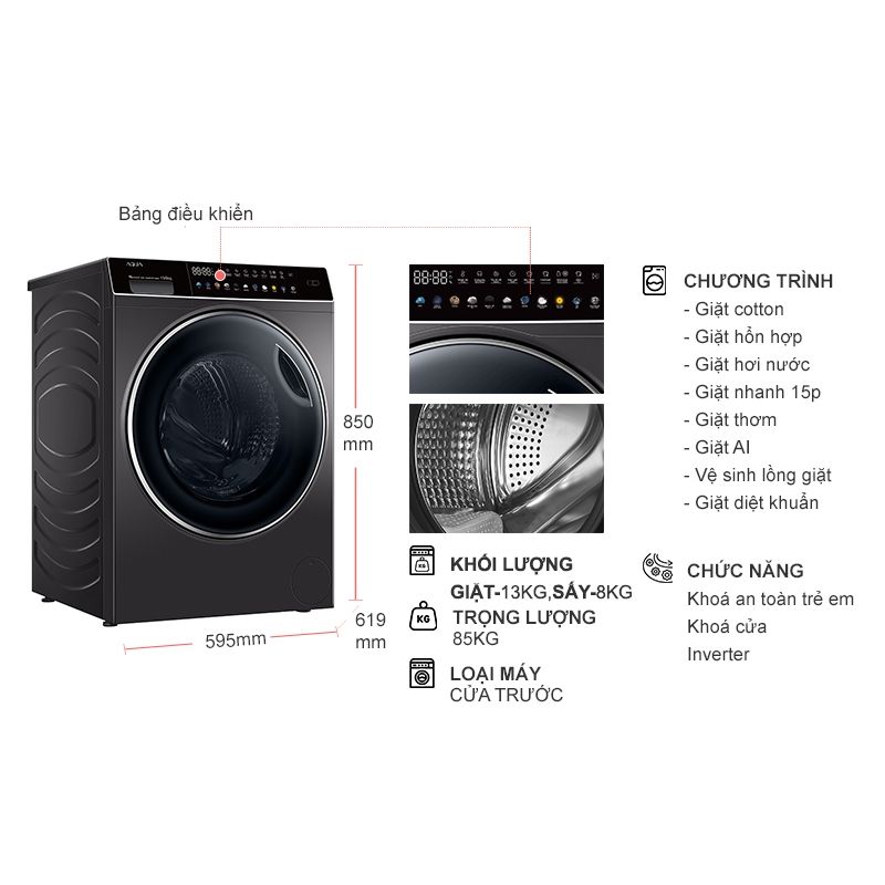 Máy Giặt Sấy Aqua Inverter Giặt 13 Kg - Sấy 8 Kg AQD-DH1300H.PS 6 Kích thước máy Giặt Sấy Aqua Inverter Giặt 13 Kg - Sấy 8 Kg AQD-DH1300H.PS