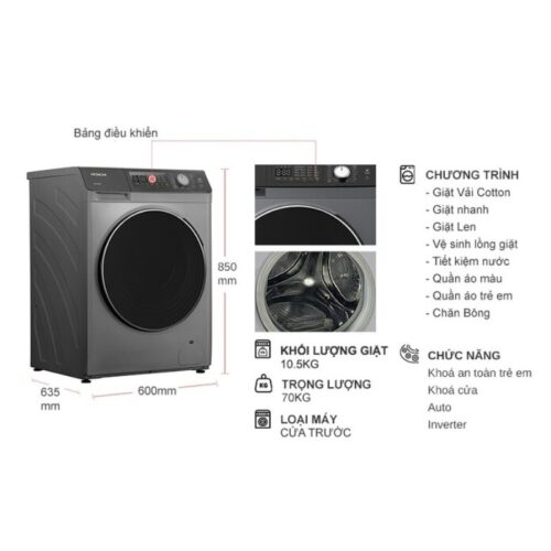 Máy Giặt Sấy Hitachi Inverter Giặt 10.5 Kg - Sấy 7 Kg BD-D1054HVOS 9 Kích thước máy Giặt Sấy Hitachi Inverter Giặt 10.5 Kg - Sấy 7 Kg BD-D1054HVOS