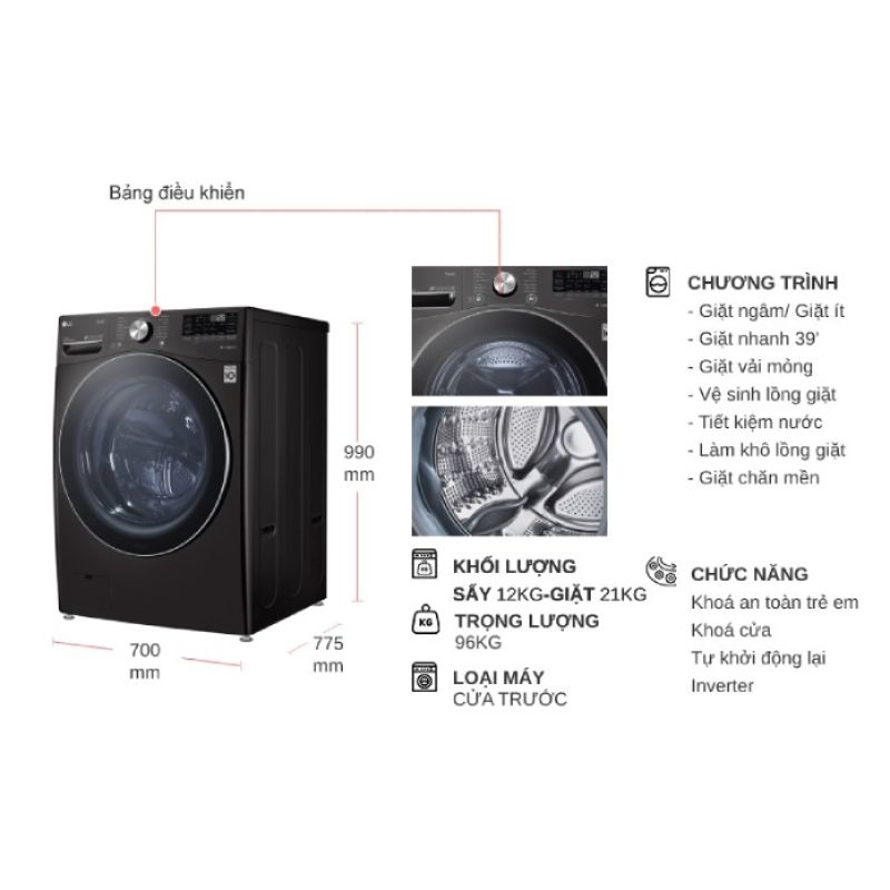 Máy Giặt Sấy LG Inverter Giặt 21 Kg - Sấy 12 Kg F2721HVRB 6 Kích thước máy Giặt Sấy LG Inverter Giặt 21 Kg - Sấy 12 Kg F2721HVRB