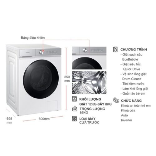 Máy Giặt Sấy Samsung Inverter Giặt 12 Kg - Sấy 8 Kg WD12BB944DGHSV 11 Kích thước máy Giặt Sấy Samsung Inverter Giặt 12 Kg - Sấy 8 Kg WD12BB944DGHSV