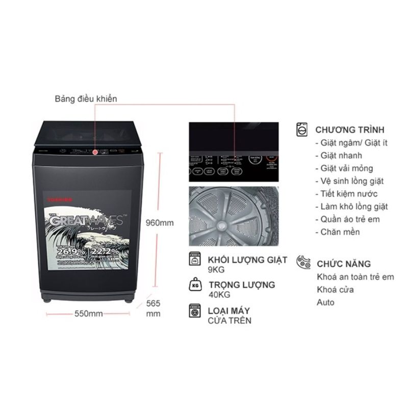 Máy Giặt Toshiba 9 Kg AW-M1000FV(MK) cửa trên 5 Kích thước máy Giặt Toshiba 9 Kg AW-M1000FV(MK) cửa trên