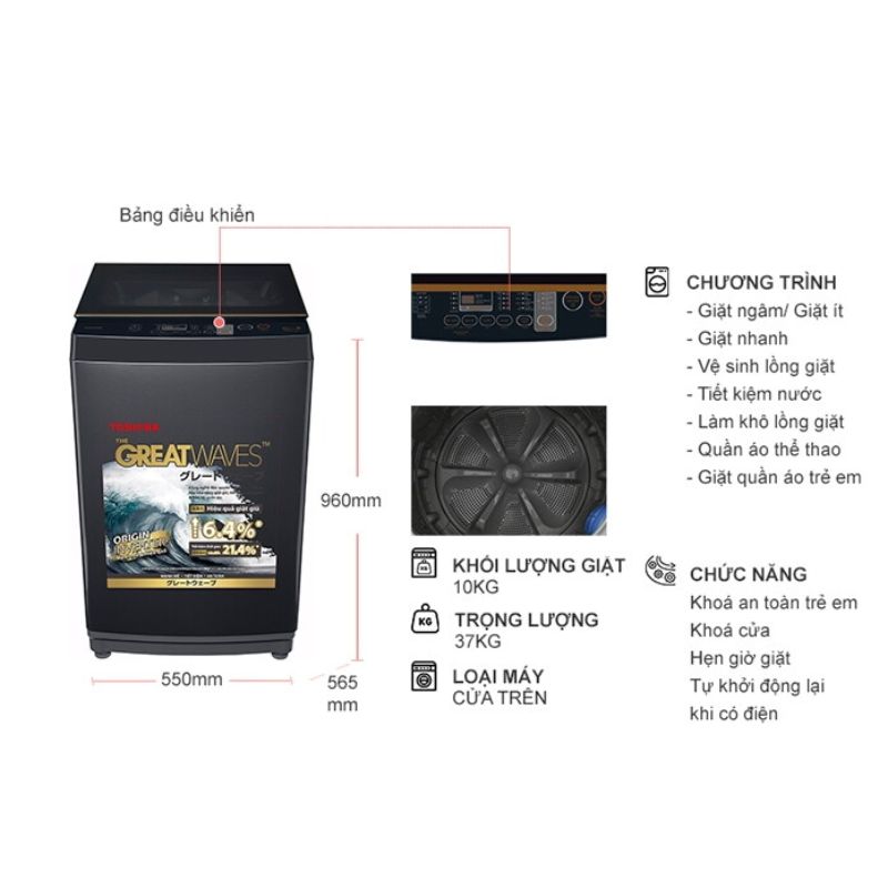 Máy Giặt Toshiba Inverter 10 Kg AW-DM1100PV(KK) cửa trên 6 Kích thước máy Giặt Toshiba Inverter 10 Kg AW-DM1100PV(KK) cửa trên
