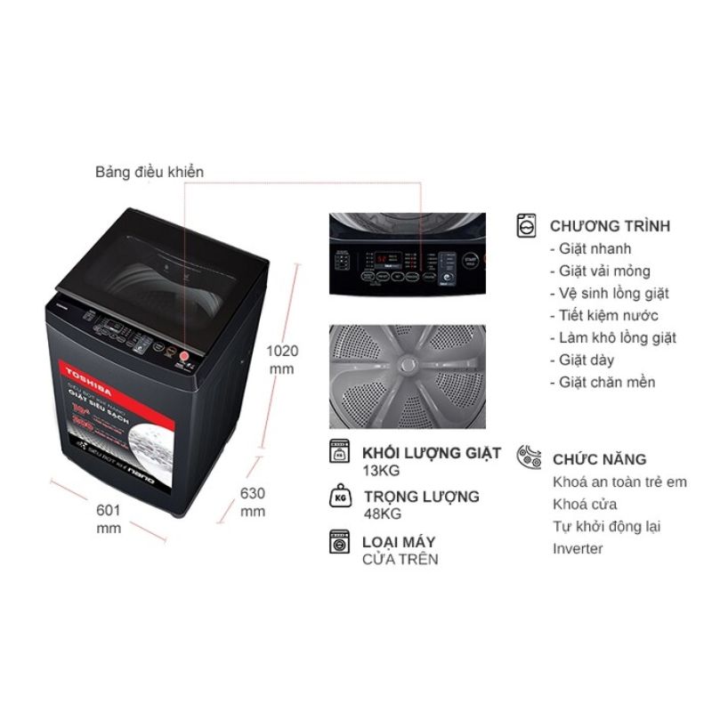 Máy Giặt Toshiba Inverter 13 Kg AW-DUM1400LV (MK) cửa trên 5 Kích thước máy Giặt Toshiba Inverter 13 Kg AW-DUM1400LV (MK) cửa trên