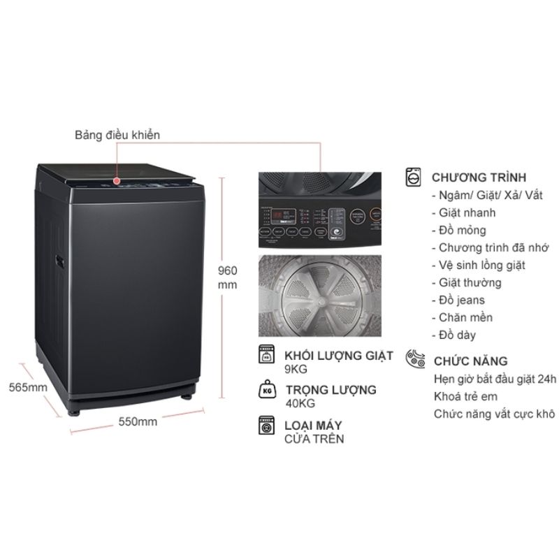 Máy Giặt Toshiba Inverter 9 Kg AW-DK1000FV (KK) cửa trên 6 Kích thước máy Giặt Toshiba Inverter 9 Kg AW-DK1000FV (KK) cửa trên