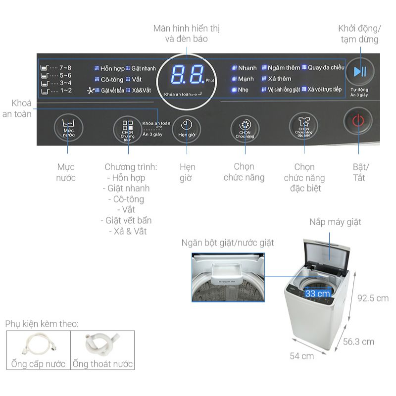 Máy Giặt Whirlpool 8.5 Kg VWVC8502FS cửa trên 6 Kích thước máy Giặt Whirlpool 8.5 Kg VWVC8502FS cửa trên