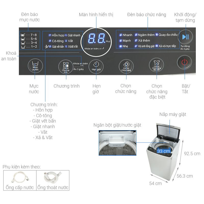 Máy Giặt Whirlpool 9.5 Kg VWVC9502FS cửa trên 6 Kích thước máy Giặt Whirlpool 9.5 Kg VWVC9502FS cửa trên