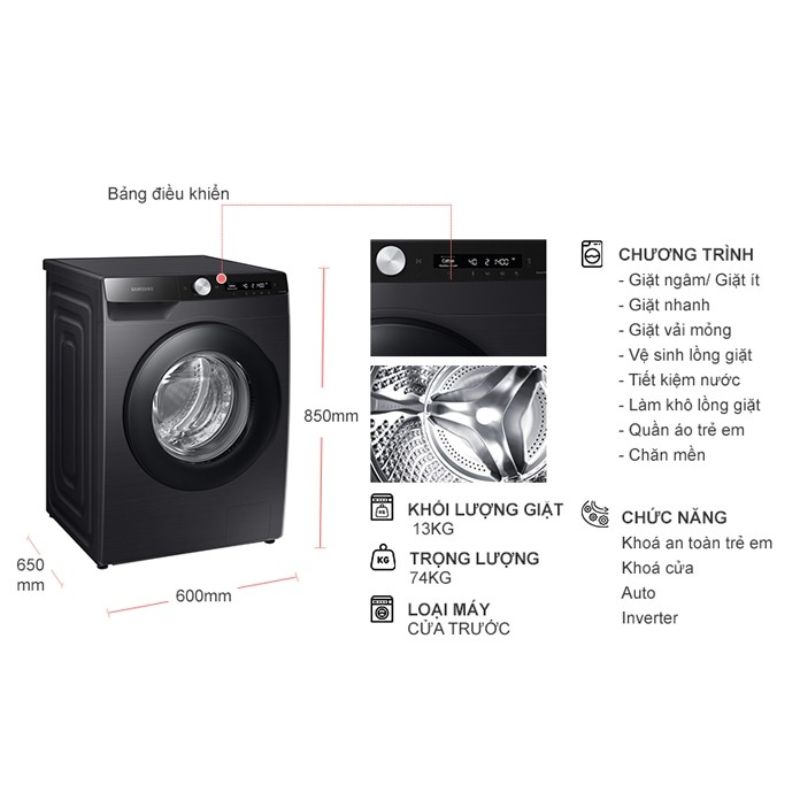 Máy Giặt Samsung Inverter 13 Kg WW13T504DAB/SV cửa trước 6 Kích thước máy Giặt Samsung Inverter 13 Kg WW13T504DAB cửa trước