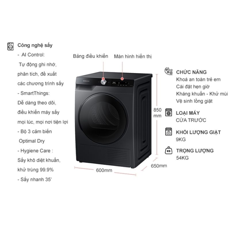 Máy Sấy Bơm Nhiệt Samsung AI Inverter 9 Kg DV90T7240BB/SV 6 Kích thước máy Sấy Bơm Nhiệt Samsung AI Inverter 9 Kg DV90T7240BB/SV