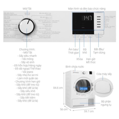 Kích thước máy Sấy Ngưng Tụ Beko 8 Kg DU8133GA0W