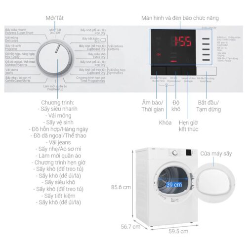 Máy Sấy Thông Hơi Beko 8 Kg DA8112RX0W 7 Kích thước máy Sấy Thông Hơi Beko 8 Kg DA8112RX0W