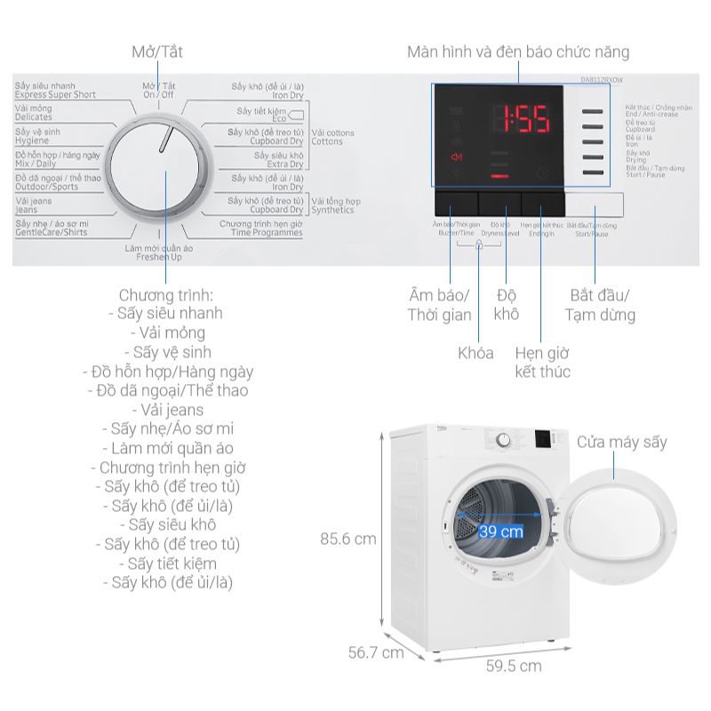 Máy Sấy Thông Hơi Beko 8 Kg DA8112RX0W 5 Kích thước máy Sấy Thông Hơi Beko 8 Kg DA8112RX0W