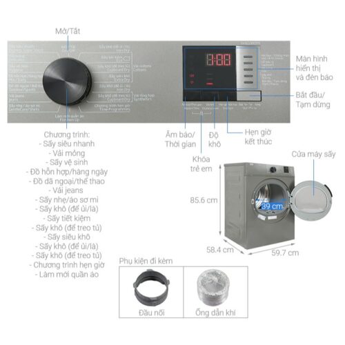 Máy Sấy Thông Hơi Beko 9 Kg DA9112RX0MB 7 Kích thước máy Sấy Thông Hơi Beko 9 Kg DA9112RX0MB