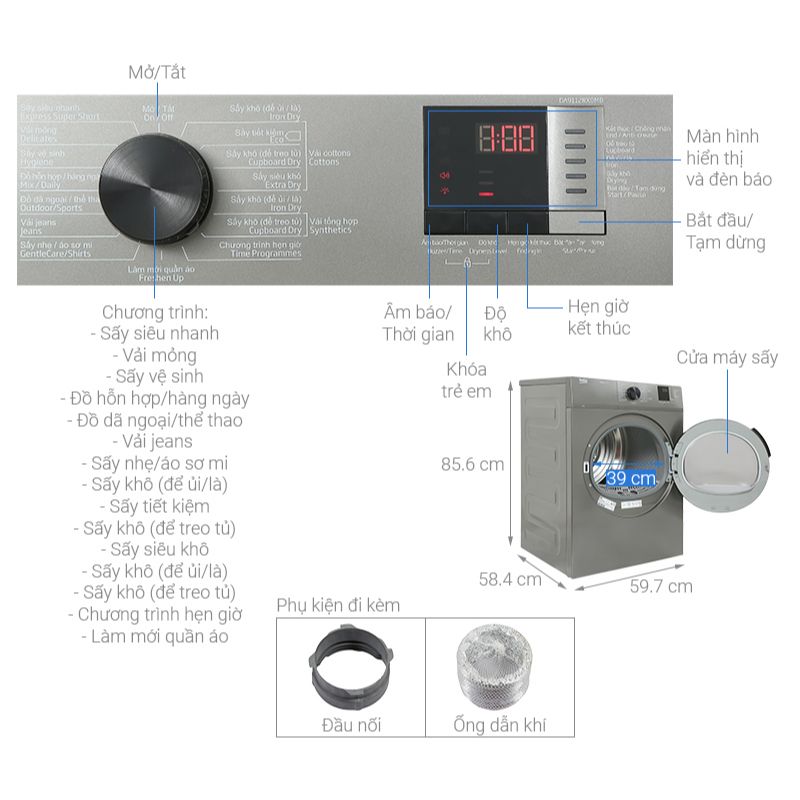 Máy Sấy Thông Hơi Beko 9 Kg DA9112RX0MB 5 Kích thước máy Sấy Thông Hơi Beko 9 Kg DA9112RX0MB
