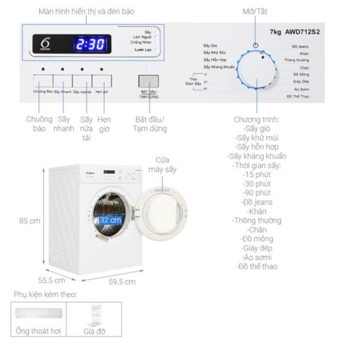 Máy Sấy Thông Hơi Whirlpool 7 Kg AWD712S2 9 Kích thước máy Sấy Thông Hơi Whirlpool 7 Kg AWD712S2