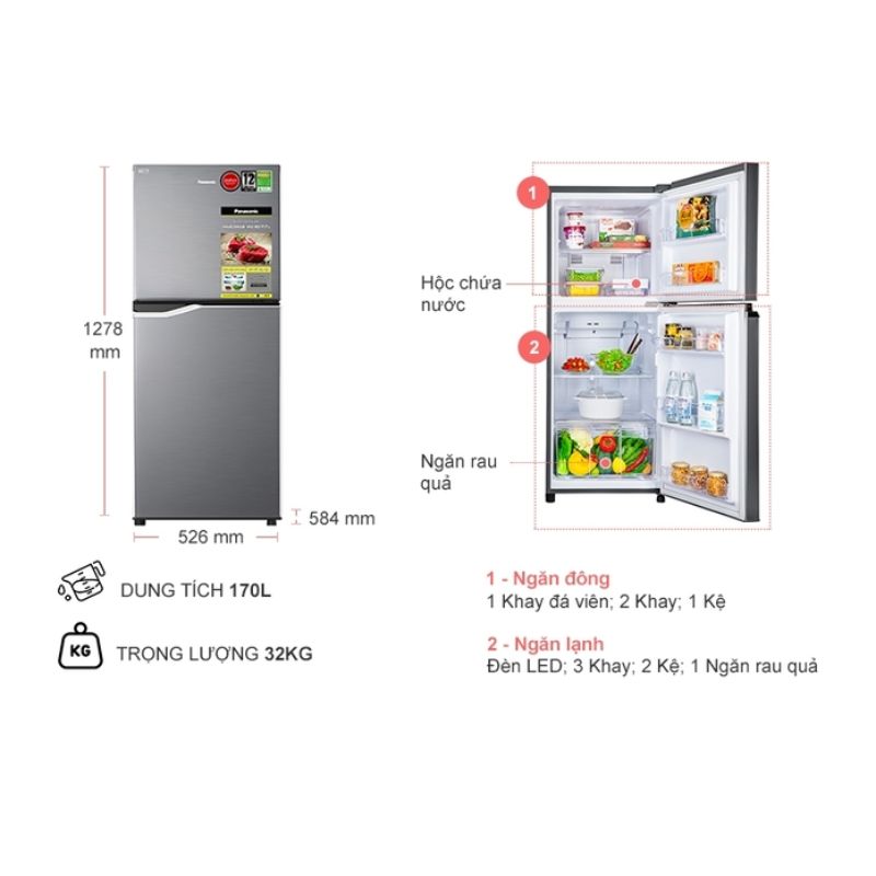 Tủ Lạnh 2 cánh Inverter 170 Lít Panasonic NR-BA190PPVN 6 Kích thước tủ Lạnh 2 cánh Inverter 170 Lít Panasonic NR-BA190PPVN