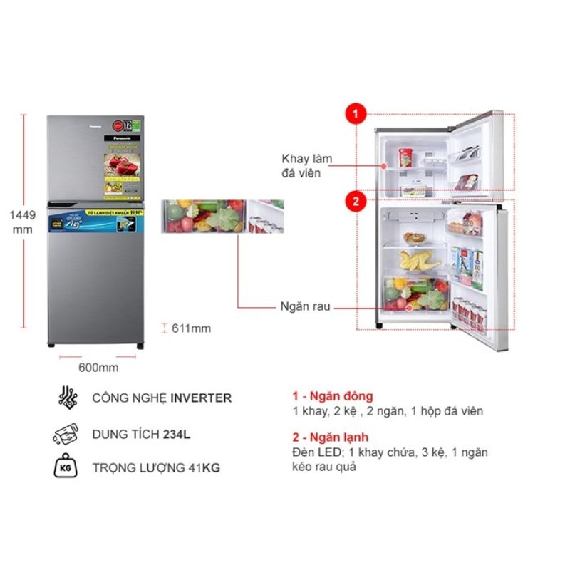 Tủ Lạnh 2 cánh Inverter 234 Lít Panasonic NR-TV261APSV 5 Kích thước tủ Lạnh 2 cánh Inverter 234 Lít Panasonic NR-TV261APSV