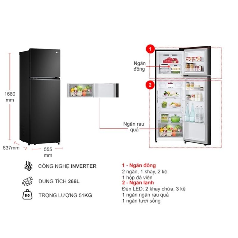 Tủ Lạnh 2 cánh Inverter 266 Lít LG GV-B262BL 6 Kích thước tủ Lạnh 2 cánh Inverter 266 Lít LG GV-B262BL