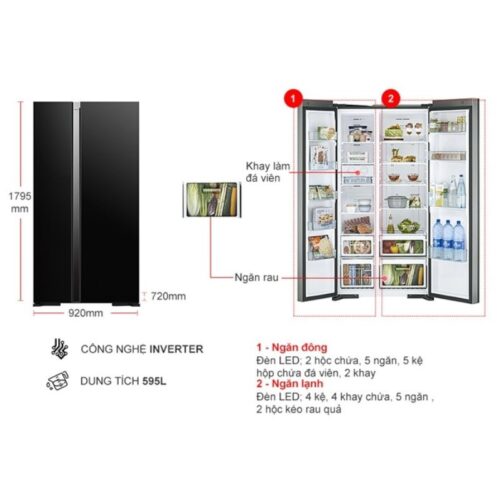 Kích thước tủ Lạnh 2 cánh side by side Inverter 595 Lít Hitachi R-S800PGV0 GBK