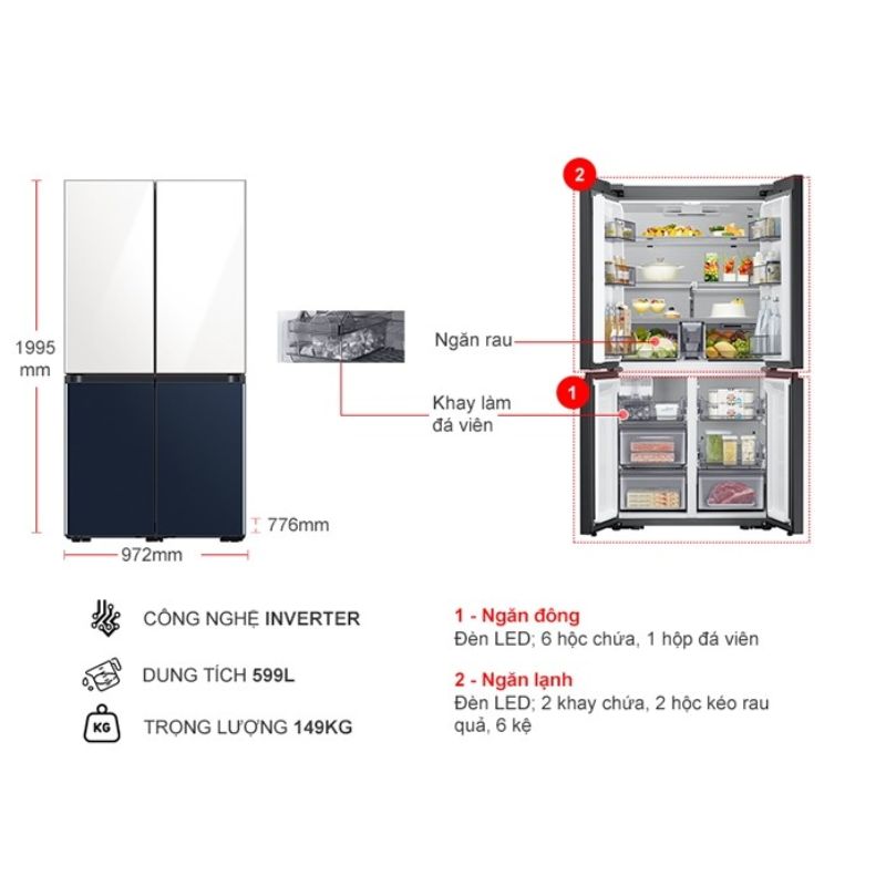 Tủ Lạnh 4 cánh Multi door Inverter 599 Lít Samsung RF60A91R177/SV 6 Kích thước tủ Lạnh 4 cánh Multi door Inverter 599 Lít Samsung RF60A91R177/SV