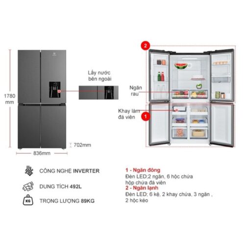 Kích thước tủ Lạnh 4 cánh Multi Doors Inverter 492 Lít Electrolux EQE4960A-B