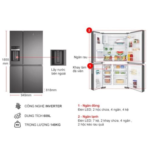 Kích thước tủ Lạnh 4 cánh Multi Doors Inverter 609 Lít Electrolux EQE6879A-B