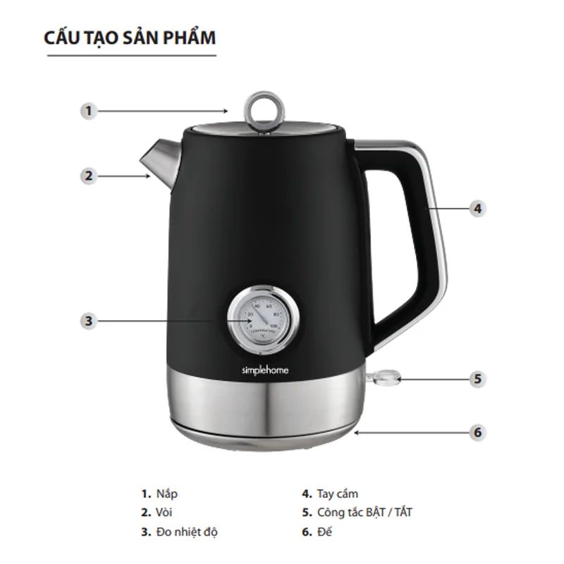 Bình đun siêu tốc Simplehome T-9020T 1.7 Lít 5 Cấu tạo bình đun siêu tốc Simplehome T-9020T 1.7 Lít